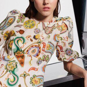****NWT**** Alemais Arcade Linen Anthropologie Puff-Sleeved Midi Dress, Size 10